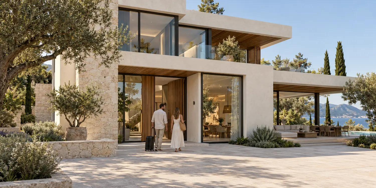Casa contemporánea con amplios ventanales y una pareja junto a la entrada