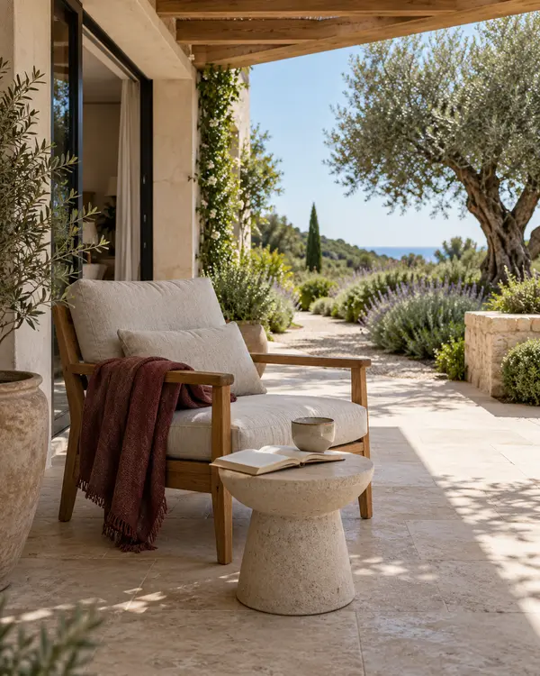 Terraza de una vivienda premium con sombra y relación con el jardín